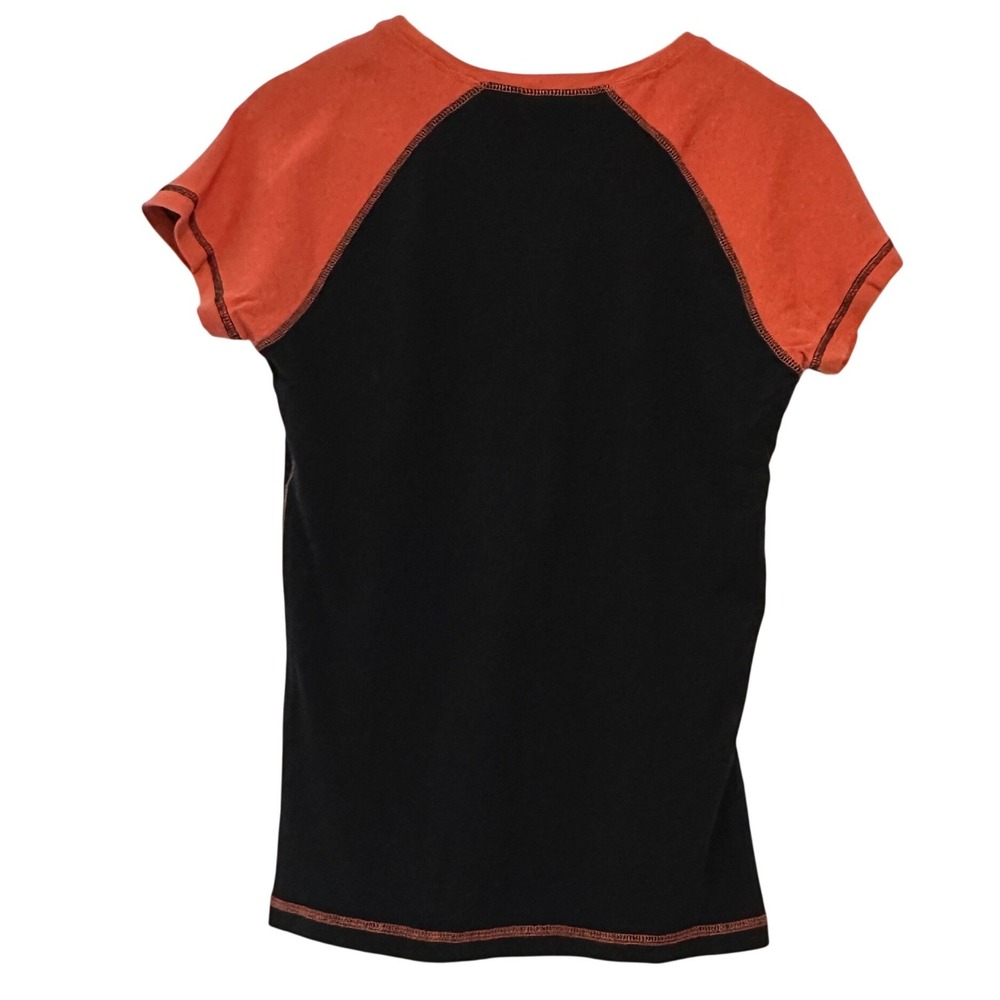 Harley-Davidson Womens Orange Black Raglan V-Neck Graphic T-Shirt Large - Picture 4 of 6